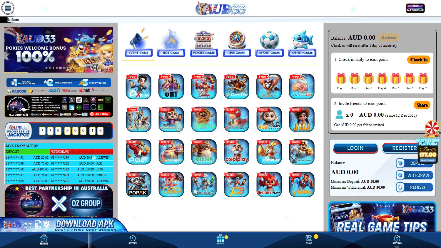 Aud33 Casino games area on desktop