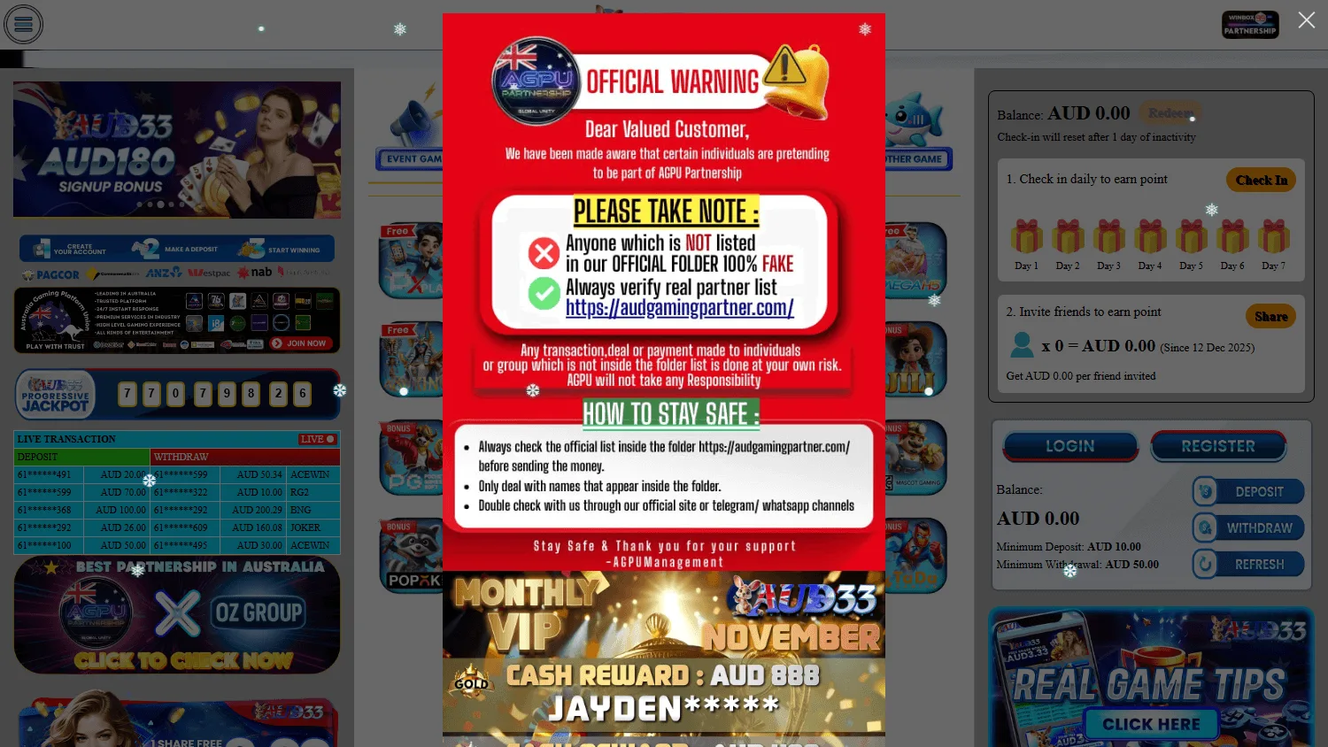 Aud33 Casino home page on desktop